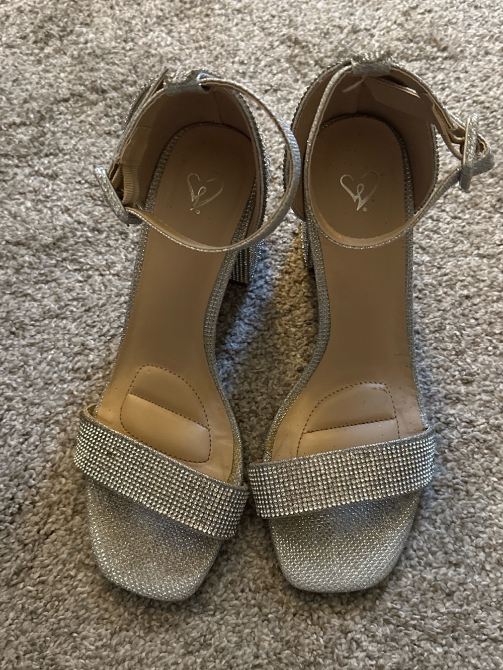 Sparkling Silver Ankle Strap Block Heel Sandals
